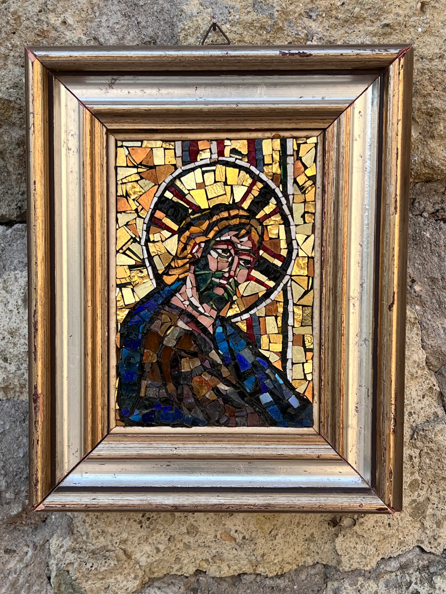 Quadro mosaico colorato raffigurante Gesù Cristo con cornice in legno.  Misure 22x28 cm