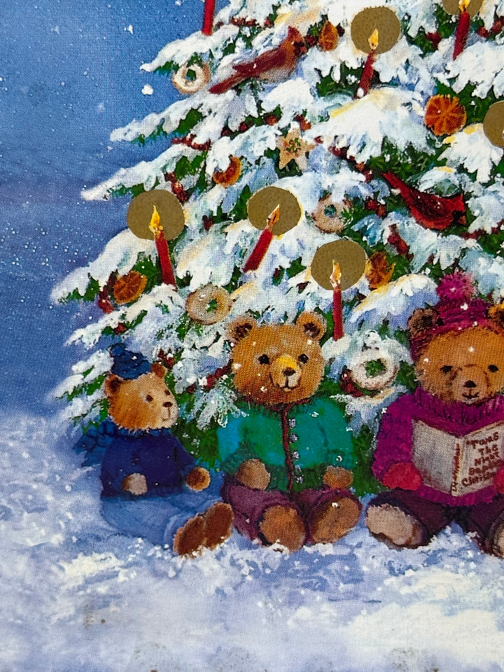 Scatola di latta natalizia vintage con orsetti e albero di Natale