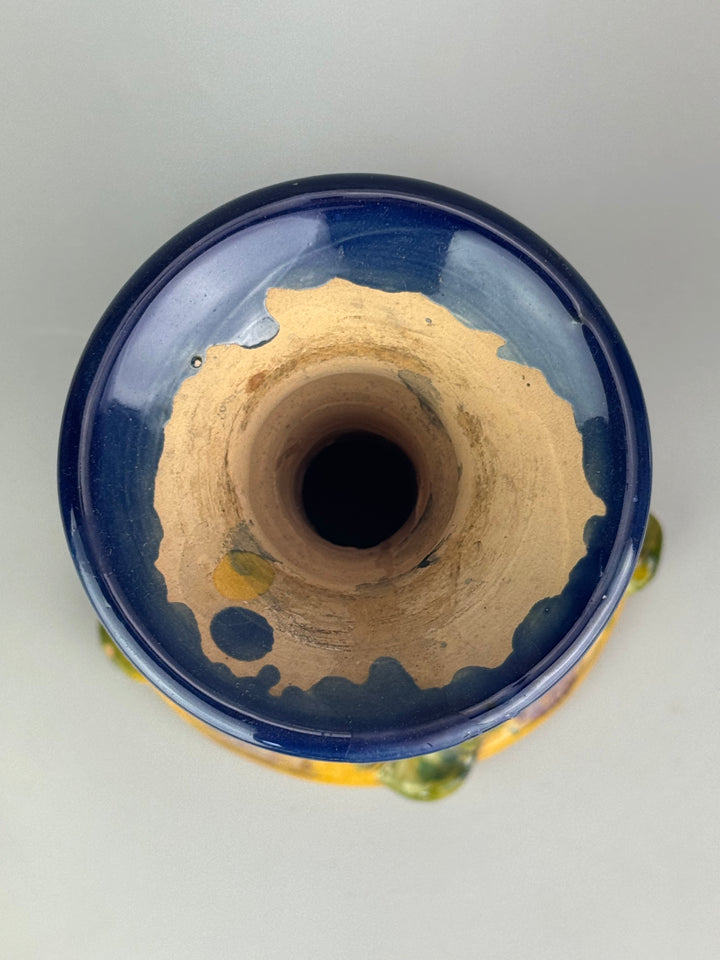 Grande portacandela vintage in ceramica policroma blu cobalto e decori fogliati
