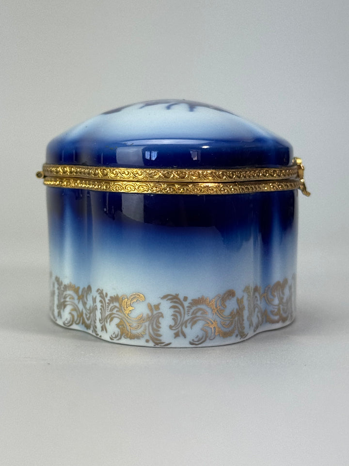Scatola Portagioie porcellana Limoges decoro floreale blu dettagli dorati