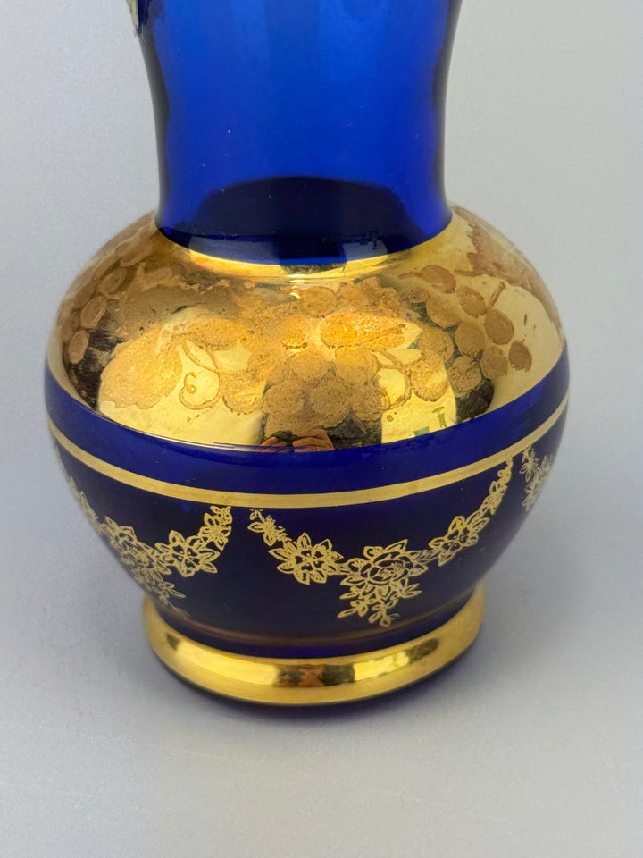 Vasetto in vetro blu con decoro dorato Murano