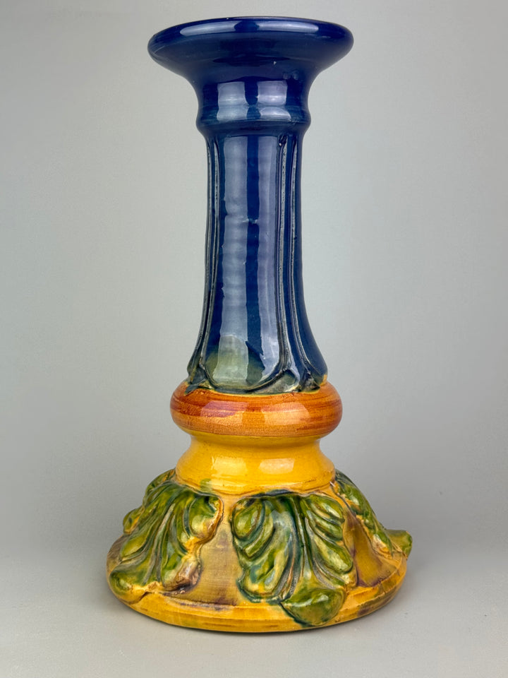 Grande portacandela vintage in ceramica policroma blu cobalto e decori fogliati
