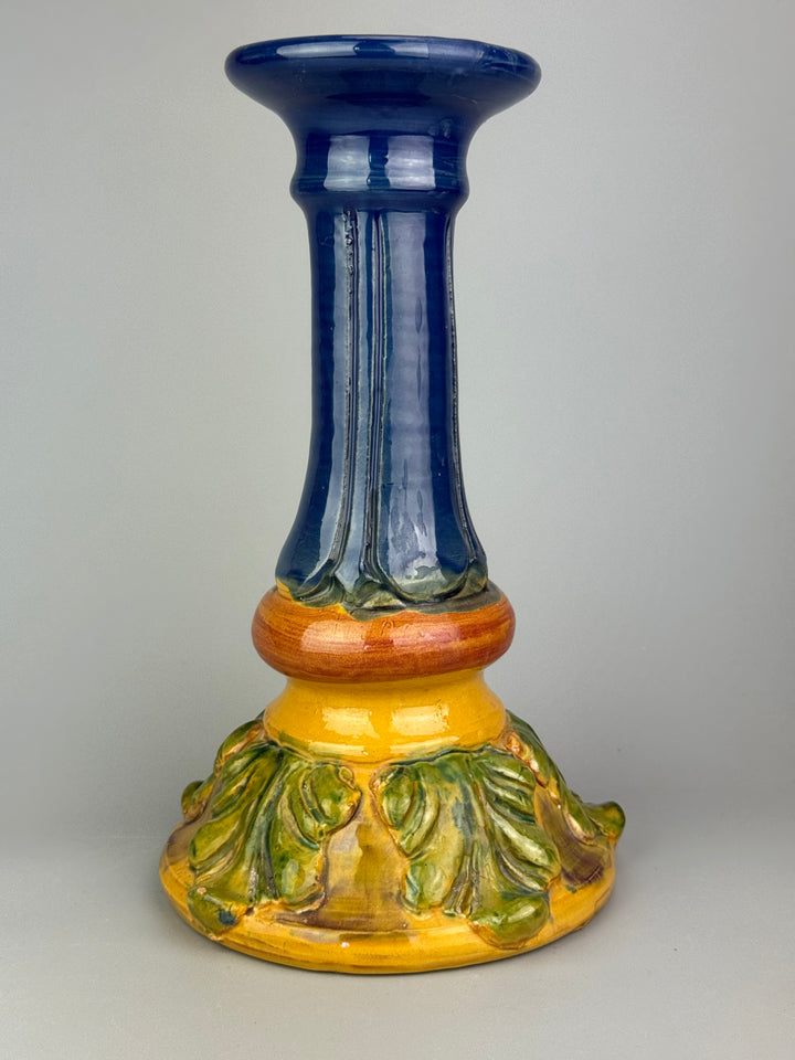 Grande portacandela vintage in ceramica policroma blu cobalto e decori fogliati