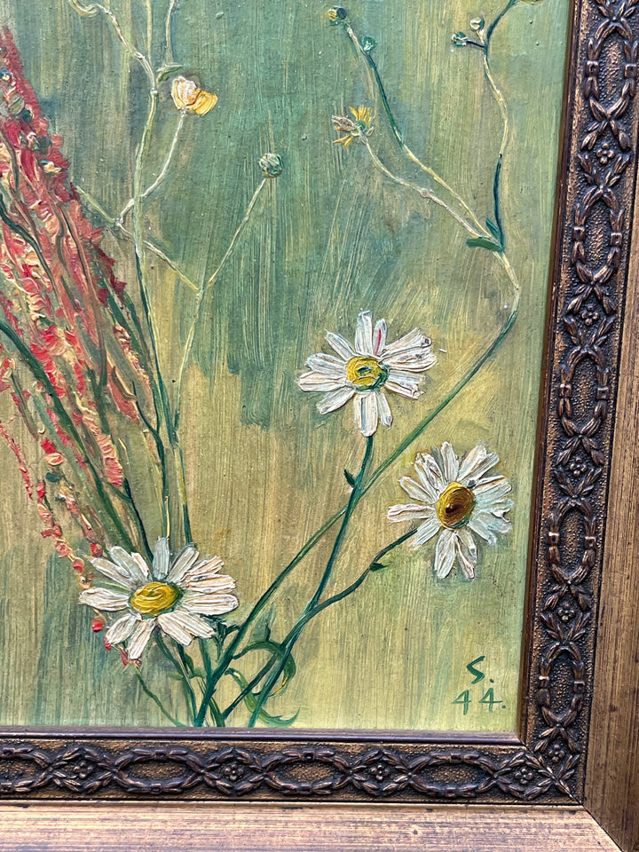 Quadro vintage – Olio su tavola con fiori di campo – Firmato