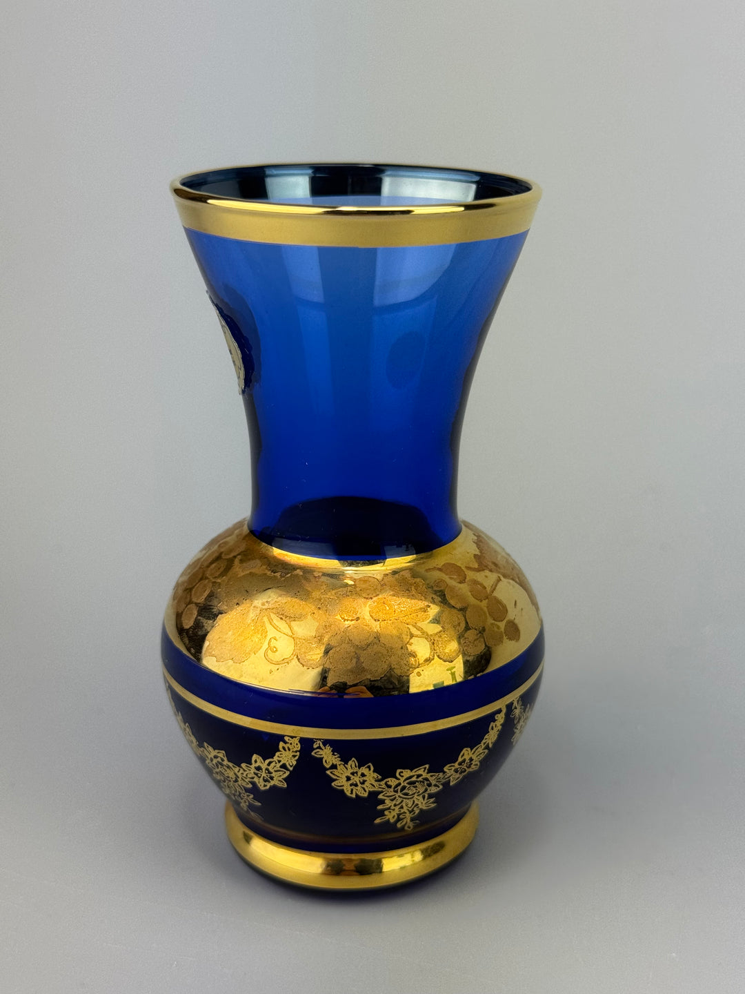 Vasetto in vetro blu con decoro dorato Murano