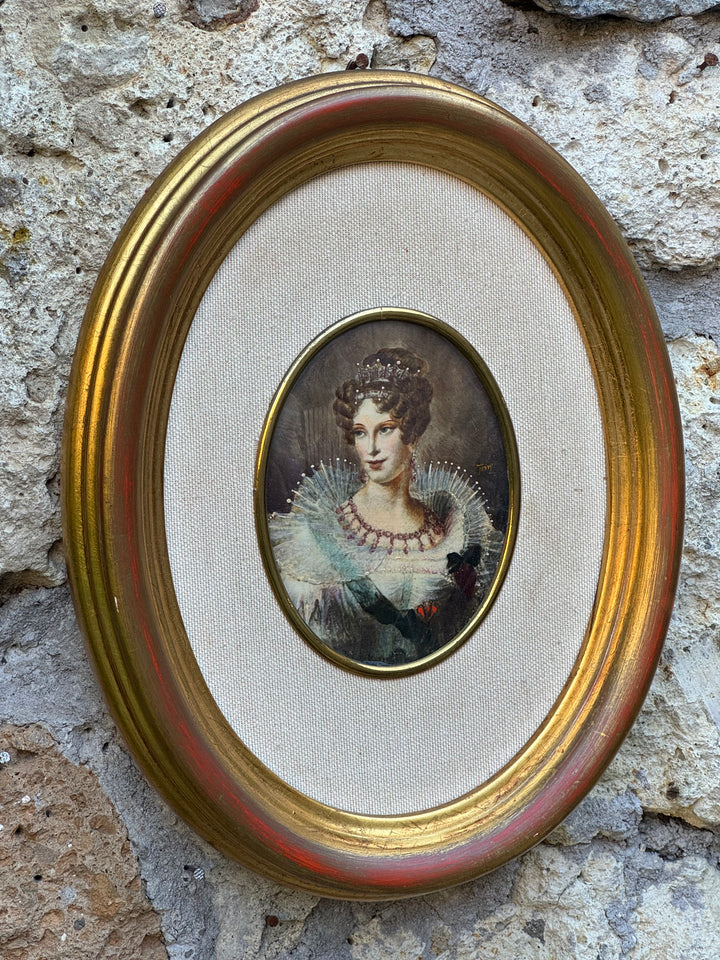 Miniatura femminile olio su lamierino con cornice dorata ovale