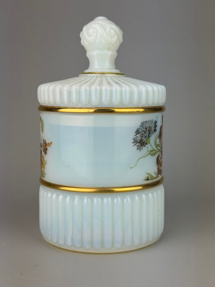Porta bon bon vintage in vetro opalino bianco con decoro floreale