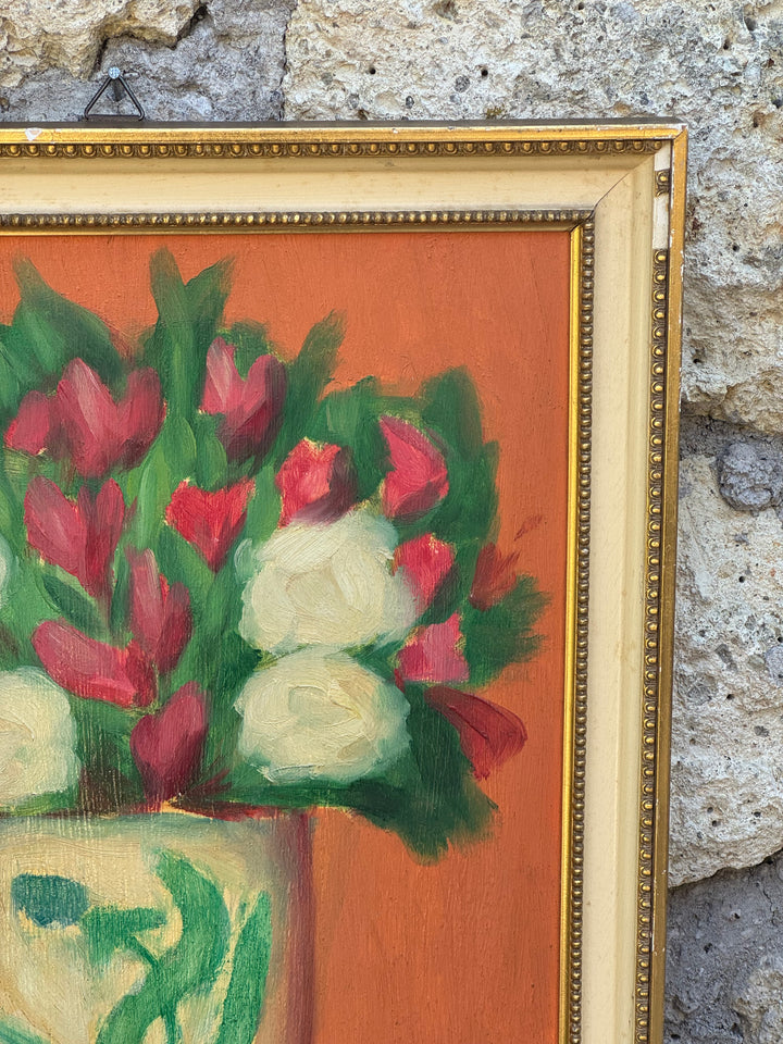 Quadro Olio su Tavola "Bouquet di Fiori" con cornice dorata