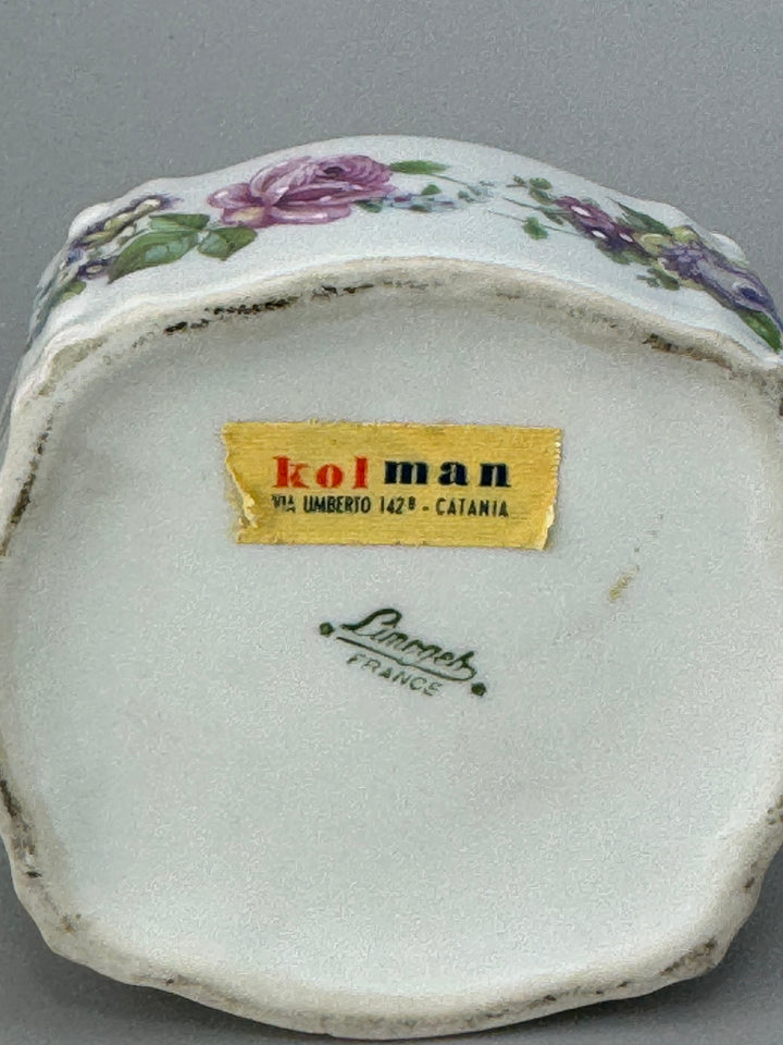 Calamaio in porcellana Limoges bordeaux e oro con decoro floreale