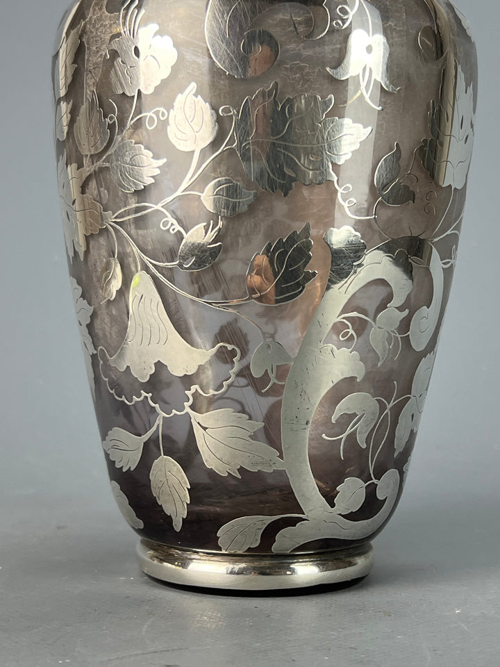 Vaso vetro decorato motivo floreale argento vintage