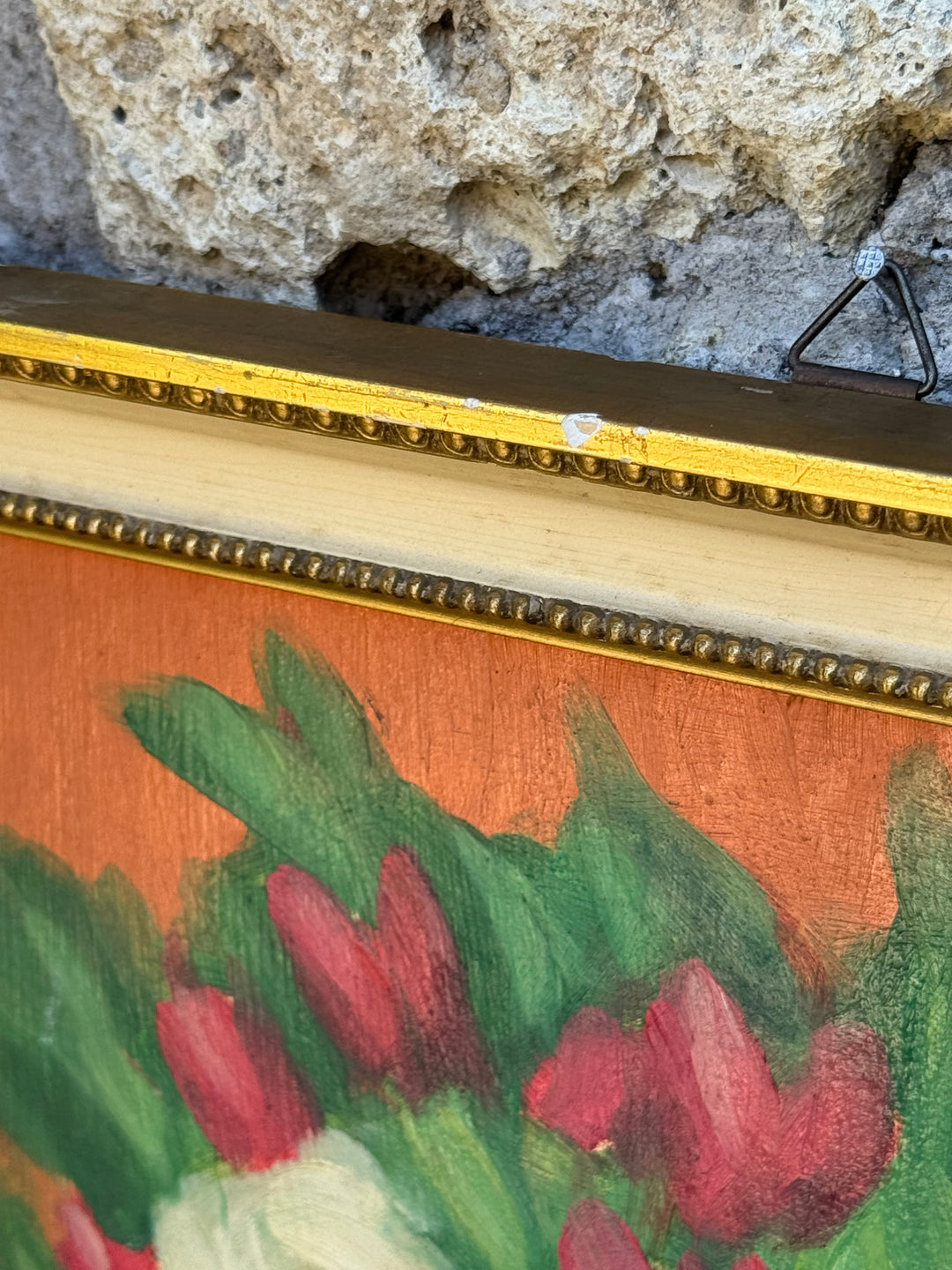 Quadro Olio su Tavola "Bouquet di Fiori" con cornice dorata