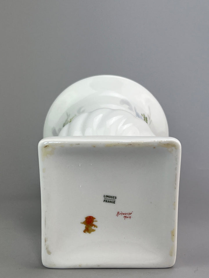 Vaso in porcellana Limoges France con decoro floreale rosa e blu