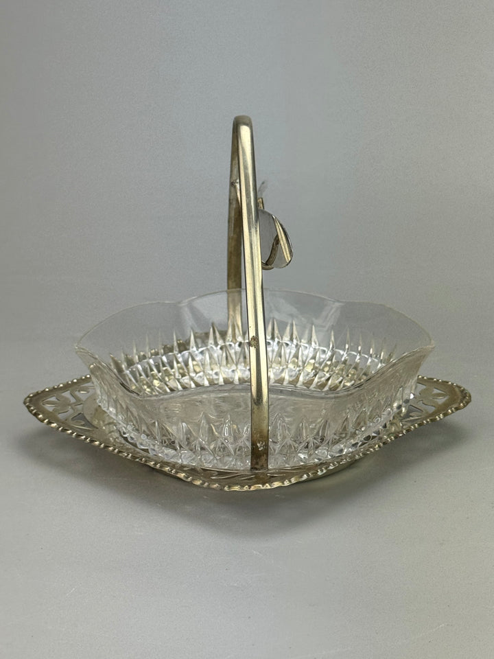 Burriera inglese vintage in vetro e silverplate con coltello