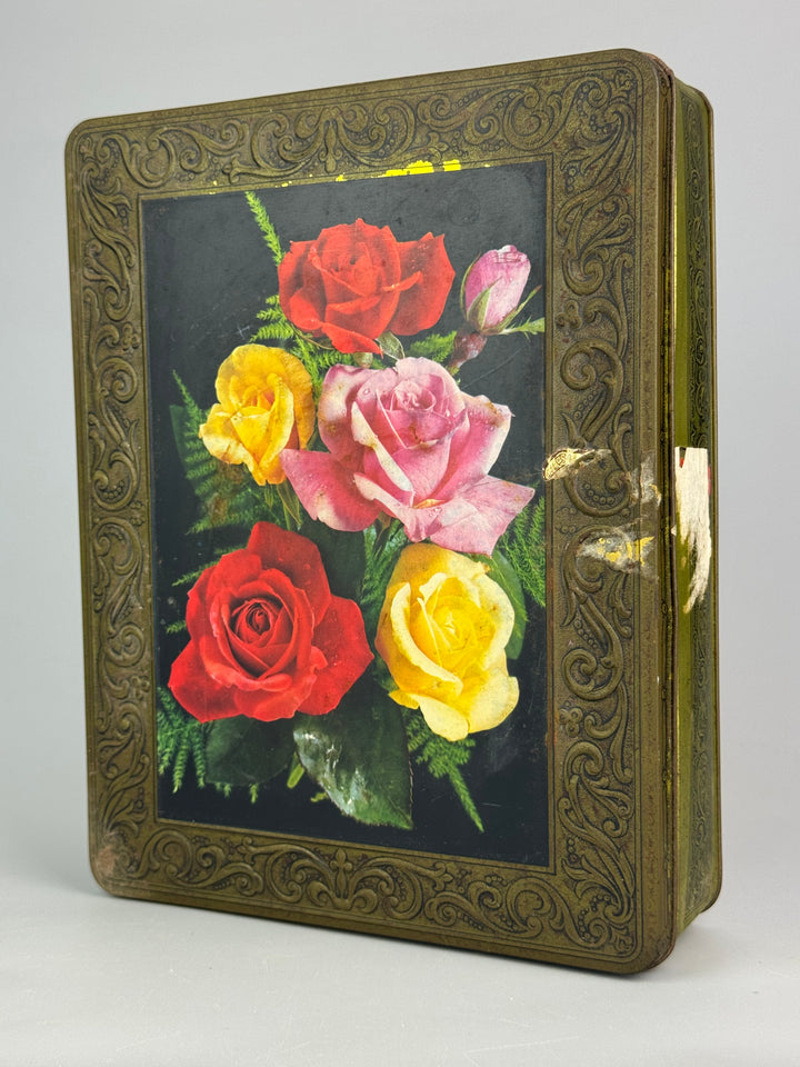 Scatola di latta vintage per torrone Rose e decori floreali dorati