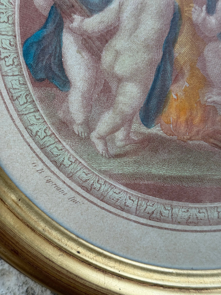 Stampe tonde con raffigurazione putti con cornici dorate