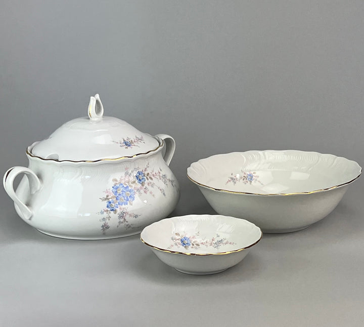 Servizio da tavola per 10 persone Royal Tognana decoro floreale blu e profili oro