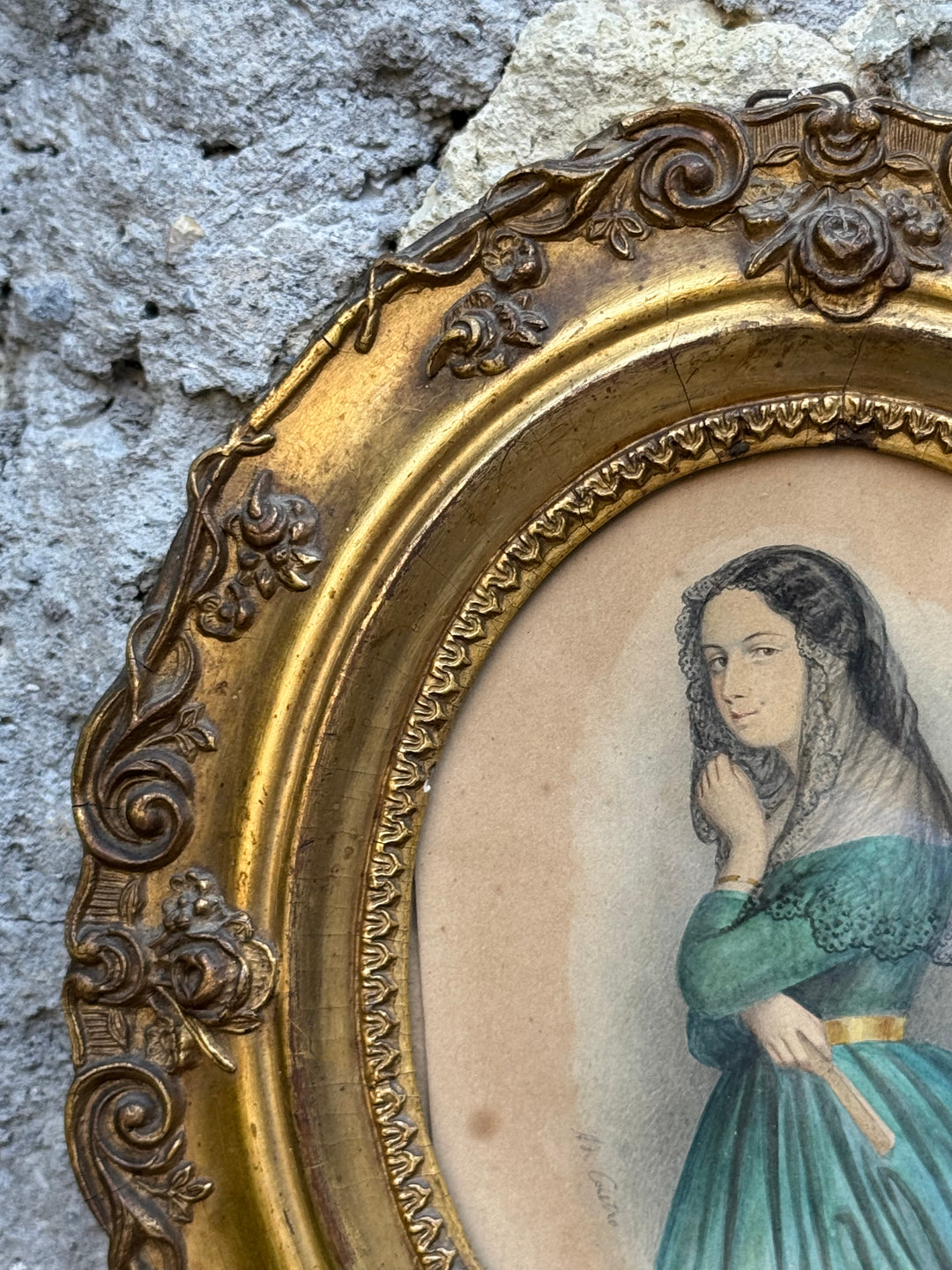 Ritratto Femminile antico ad acquerello e matita con cornice dorata