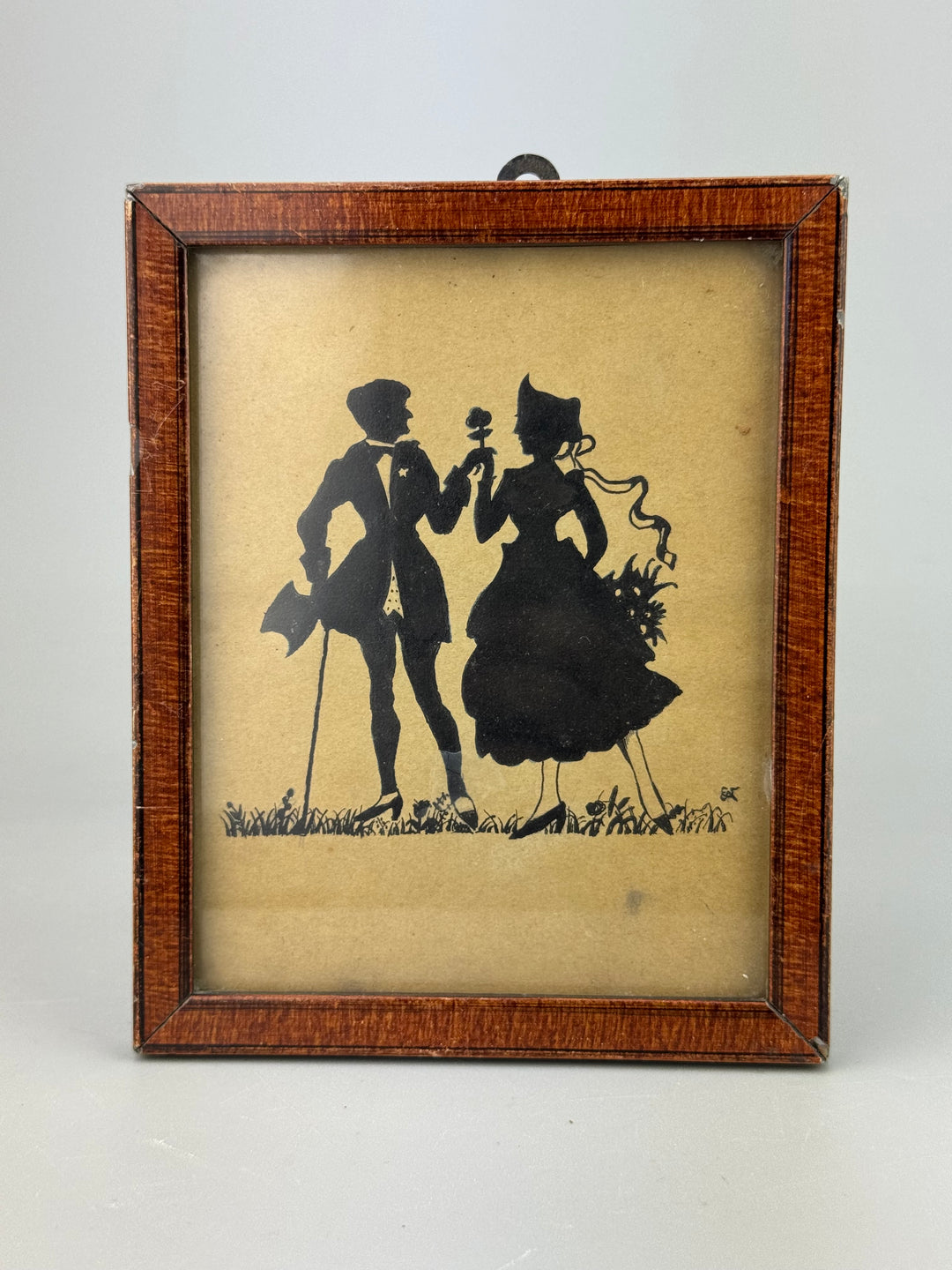 Quadretto silhouette coppia in stile vittoriano penna su carta con cornice in legno