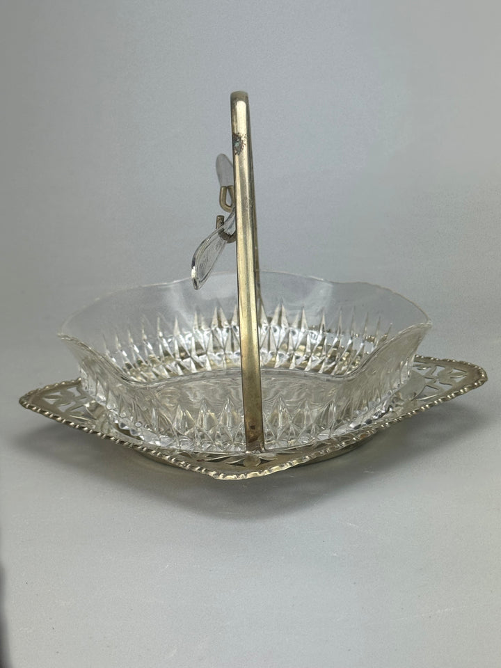 Burriera inglese vintage in vetro e silverplate con coltello