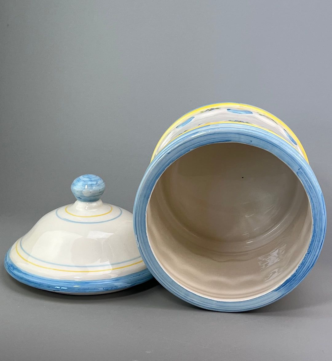 Barattolo portabiscotti in porcellana con decorazione blu e gialla