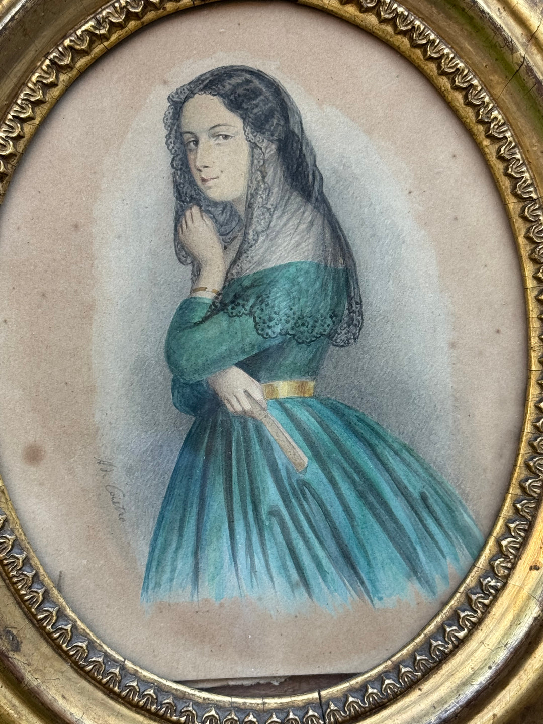 Ritratto Femminile antico ad acquerello e matita con cornice dorata