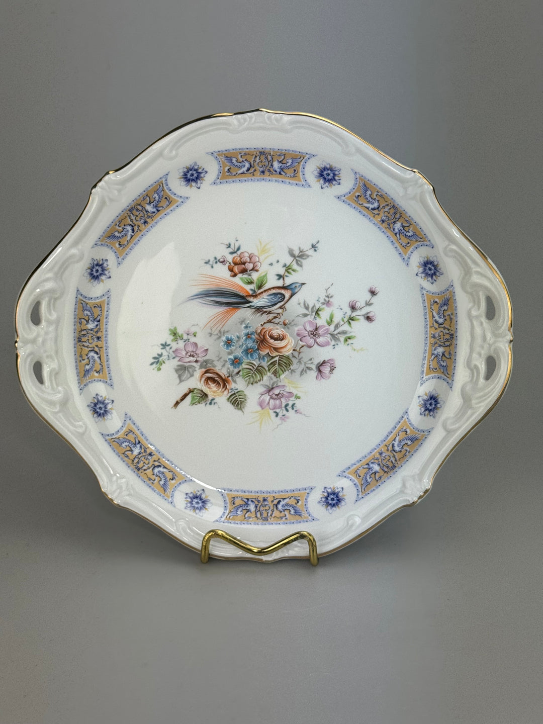 Vassoio in porcellana St. Martin stile Vieux Limoges con uccello e decori floreali