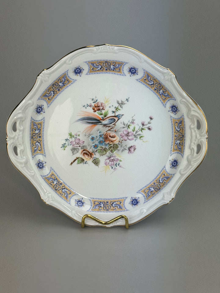 Vassoio in porcellana St. Martin stile Vieux Limoges con uccello e decori floreali
