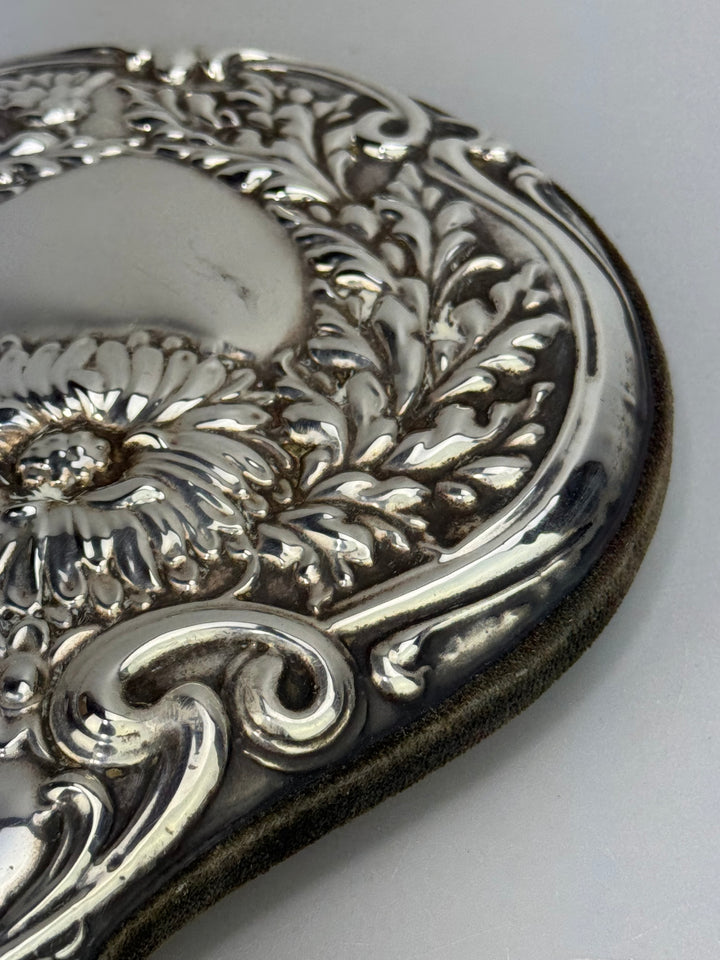 Specchietto da mano in argento cesellato decoro floreale Liberty
