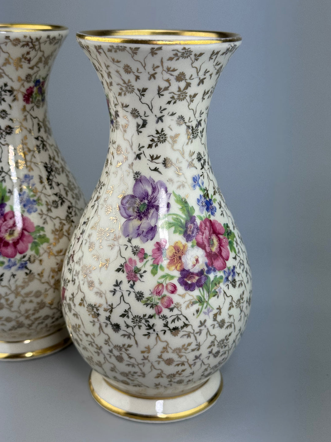 Coppia di vasi in porcellana Bavaria decorata con fiori e bordo dorato