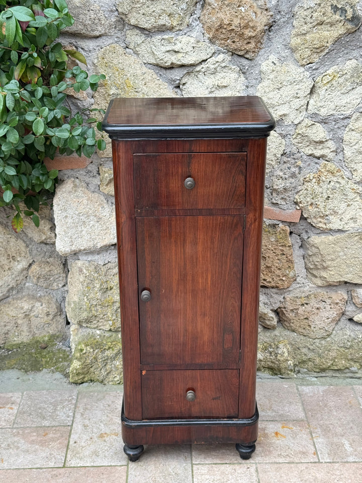 Comodino antico a colonna con anta e due cassetti Italia prima metà Novecento