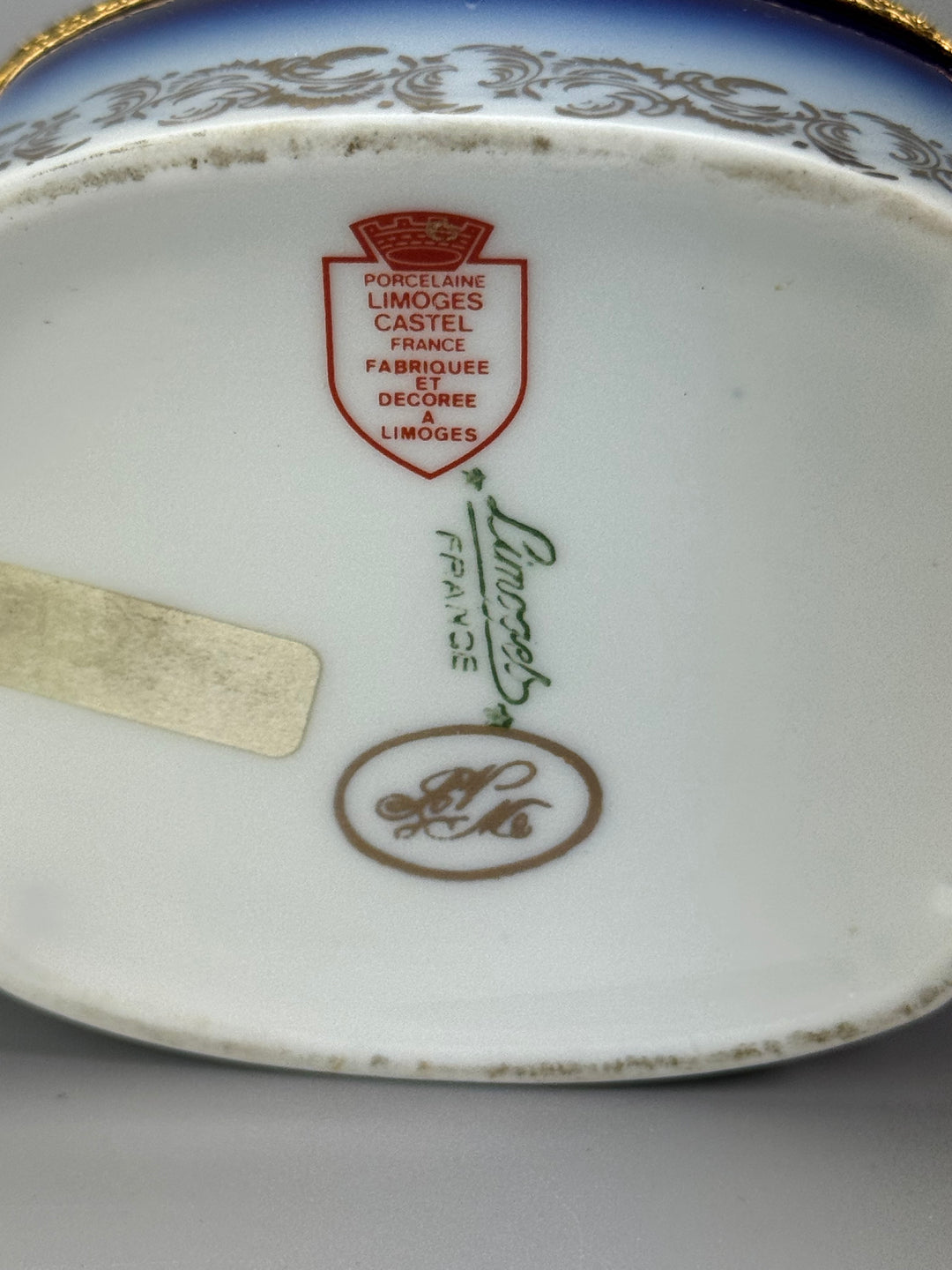 Scatola Portagioie porcellana Limoges decoro floreale blu dettagli dorati