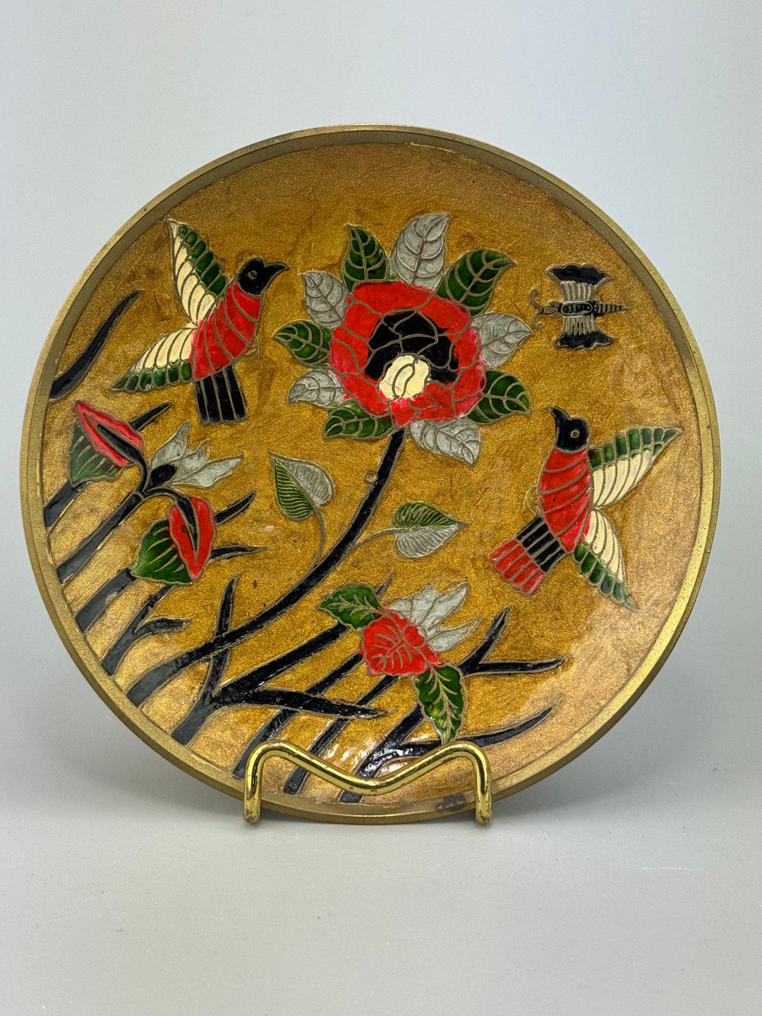 Piatto Cloisonné decorativo con fiori e uccelli