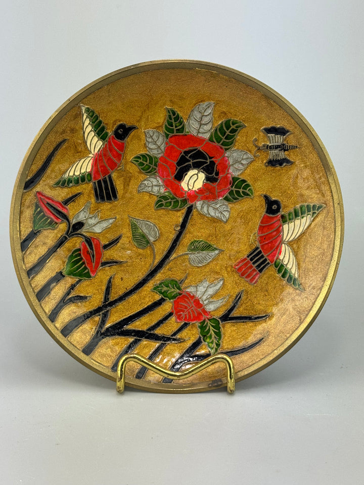 Piatto Cloisonné decorativo con fiori e uccelli