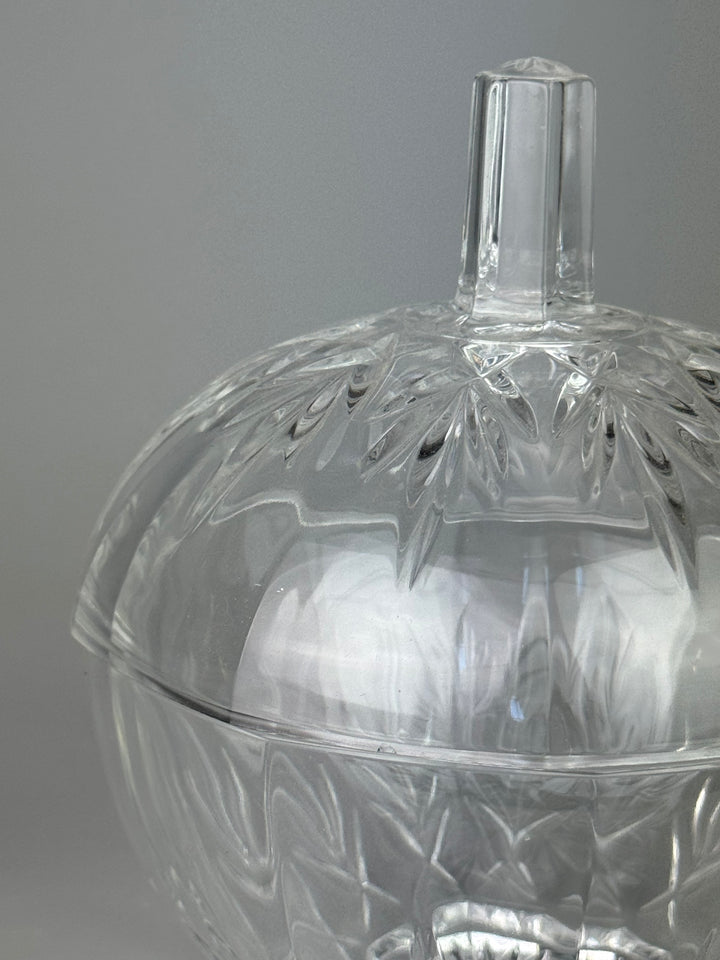 Scatola porta bon bon vintage in vetro trasparente decorato con coperchio
