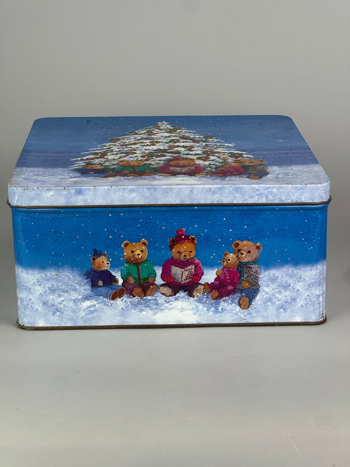 Scatola di latta natalizia vintage con orsetti e albero di Natale