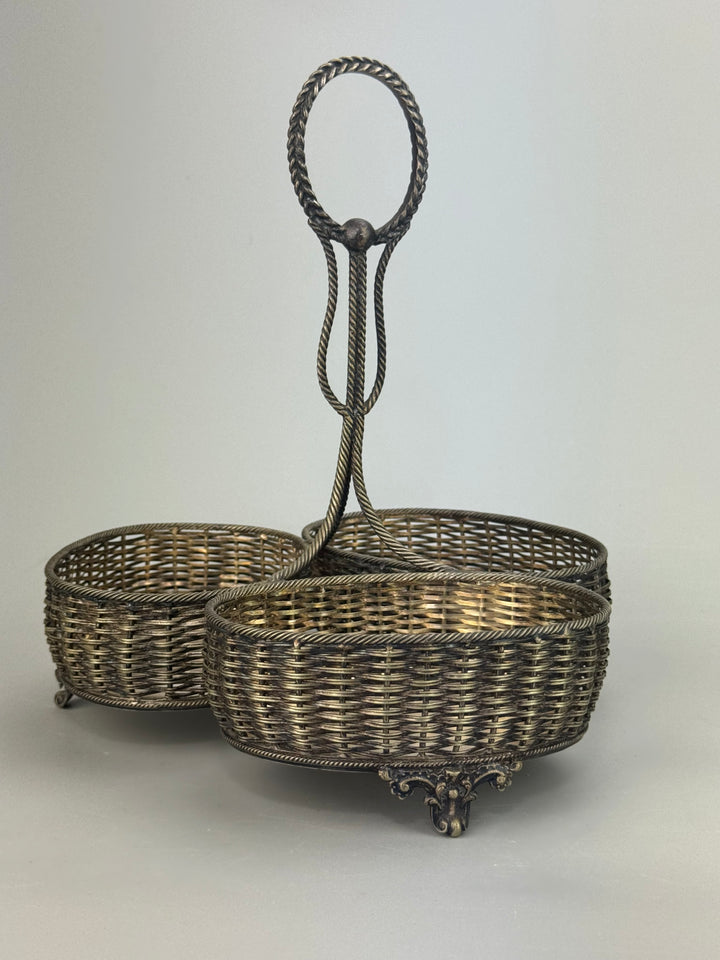 Portabottiglie vintage in silverplate a tre scomparti effetto cestino intrecciato