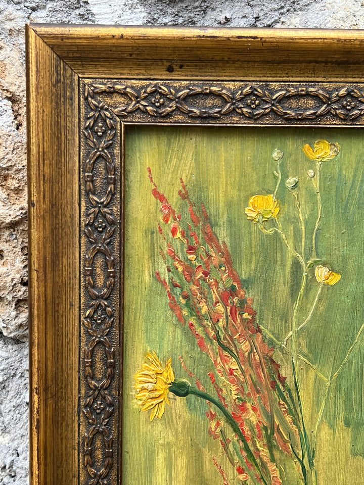 Quadro vintage – Olio su tavola con fiori di campo – Firmato