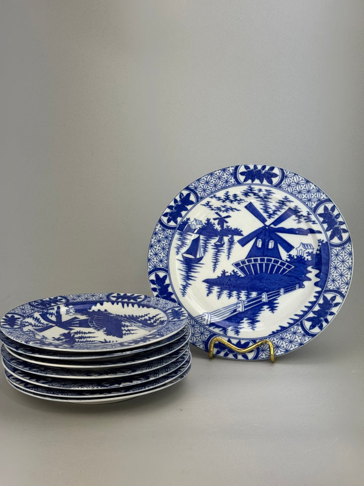 Set da dolce 6 persone vintage in porcellana bianca e blu con paesaggio a mulino
