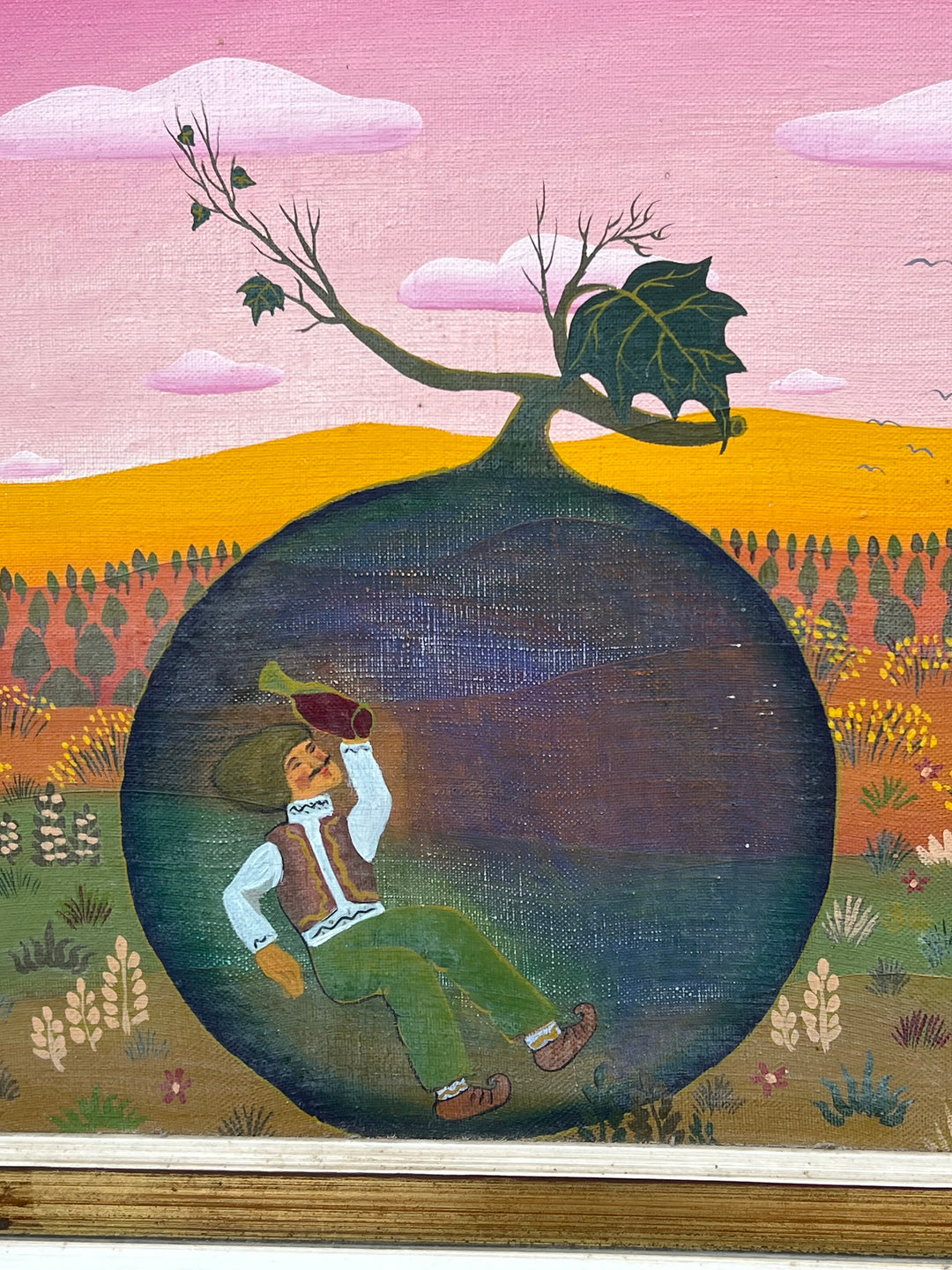 Quadro a Olio su Tela – Scena Surreale con Vigneto e Figura