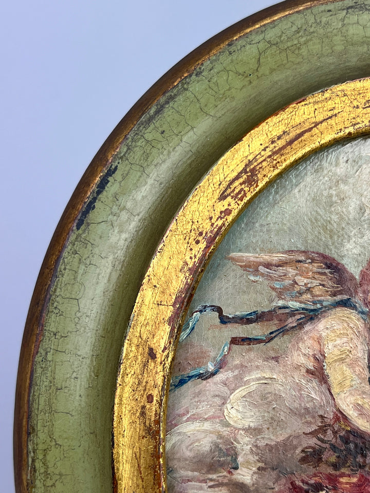 Quadro Ovale con Putti – Olio su Tela in Cornice Verde Dorata, Vintage
