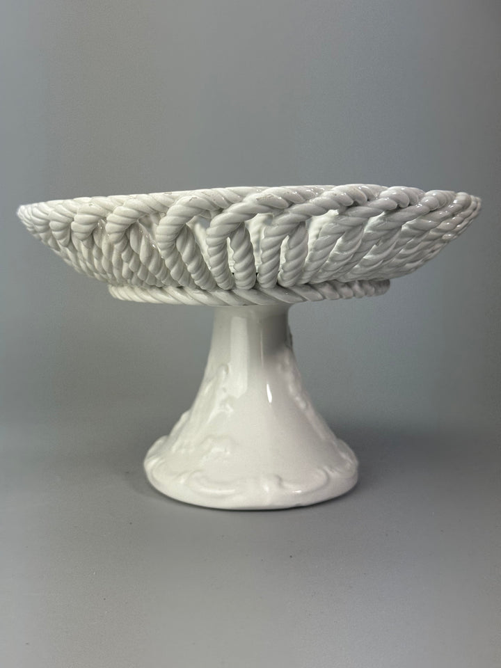 Alzata ovale in ceramica bianca intrecciata vintage