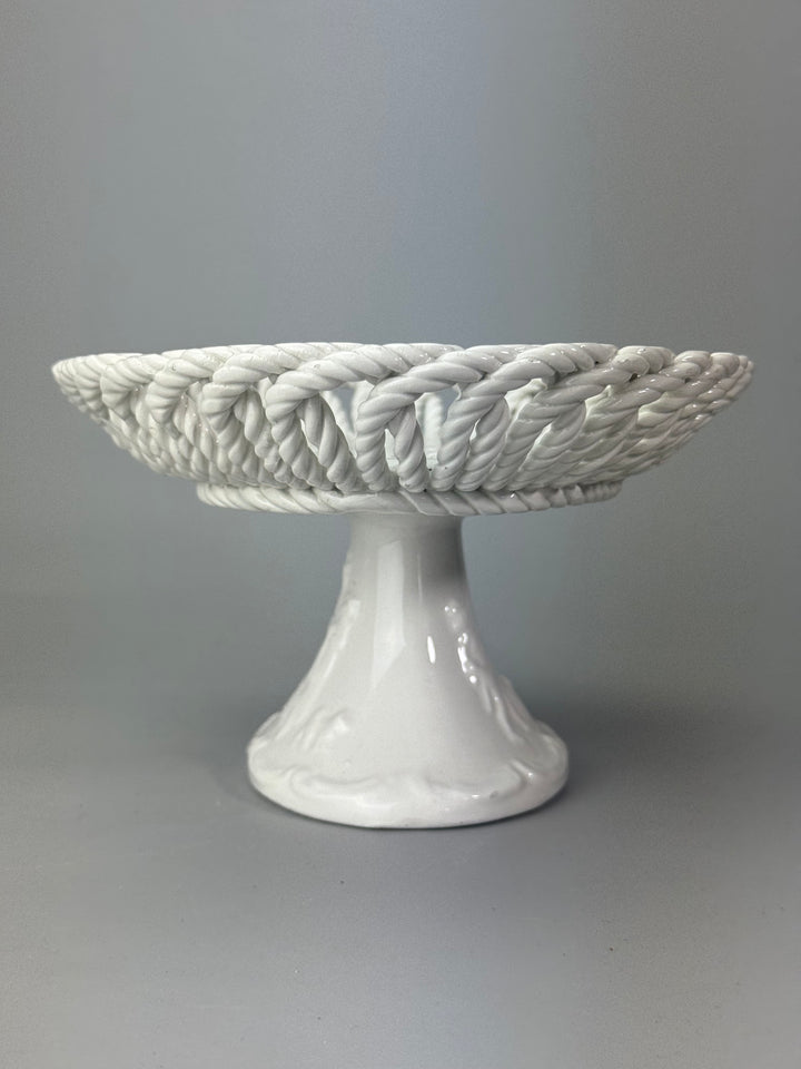Alzata ovale in ceramica bianca intrecciata vintage