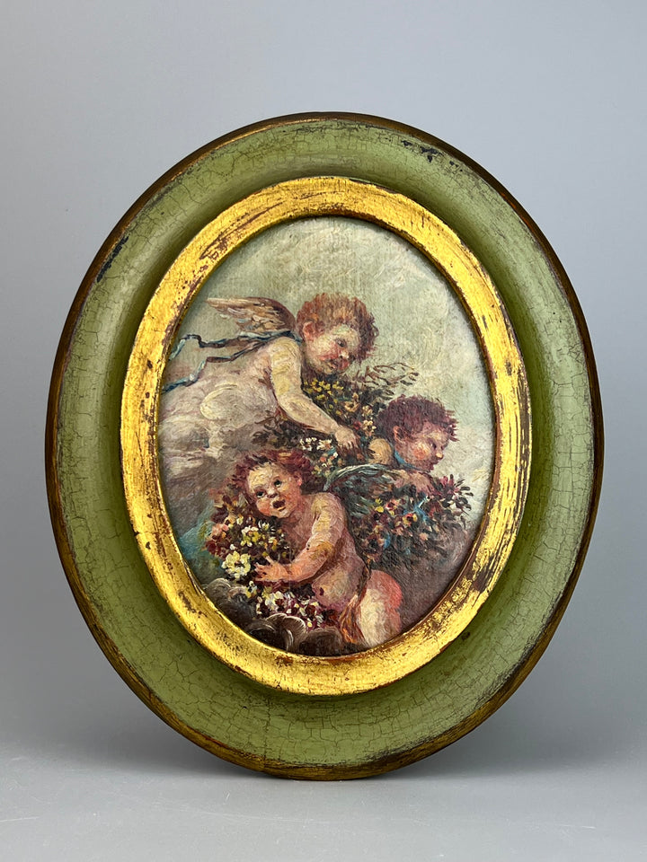 Quadro Ovale con Putti – Olio su Tela in Cornice Verde Dorata, Vintage