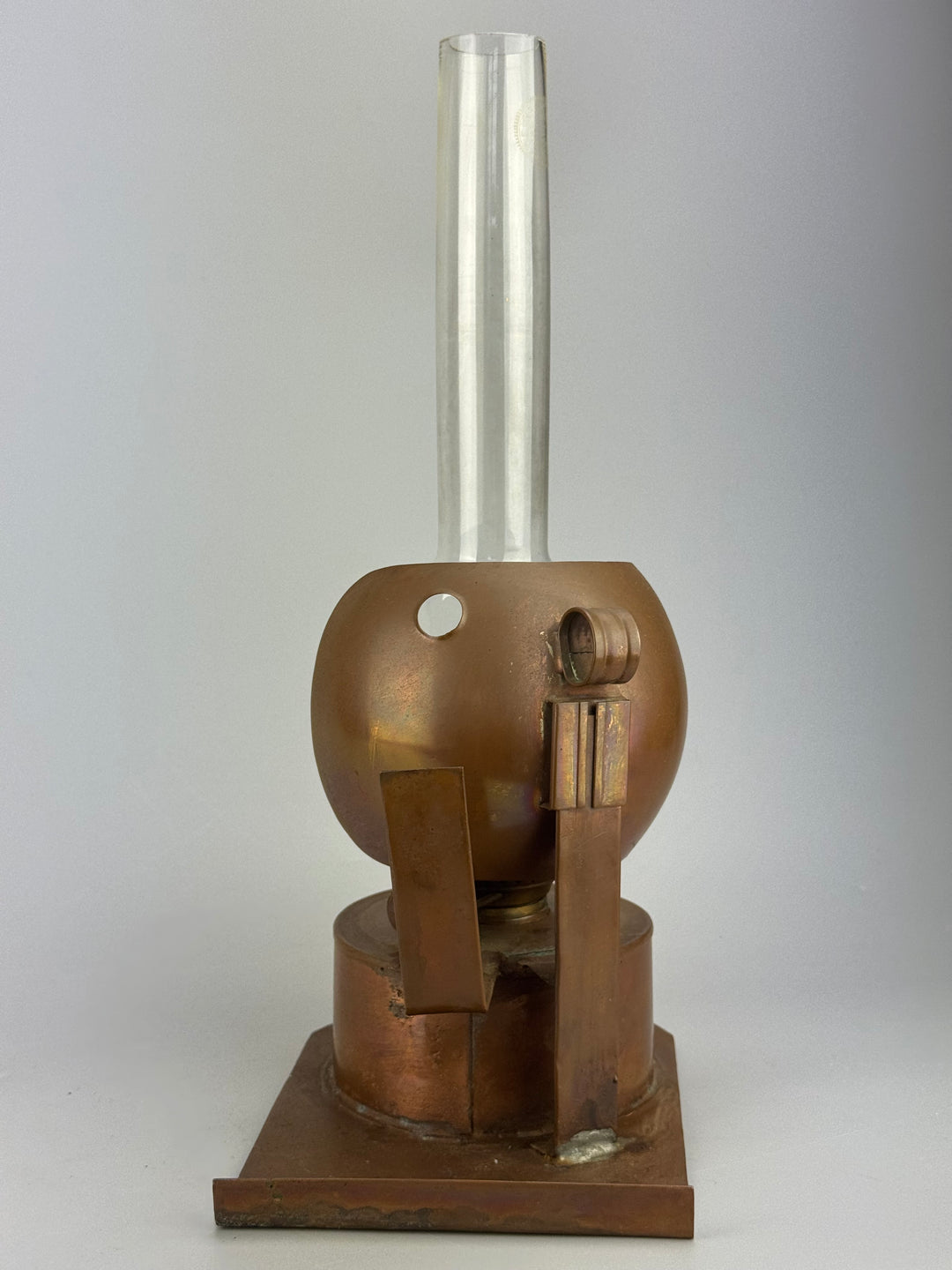 Lampada ad Olio Duplex in rame con campana vetro E. Lebrecht e figli