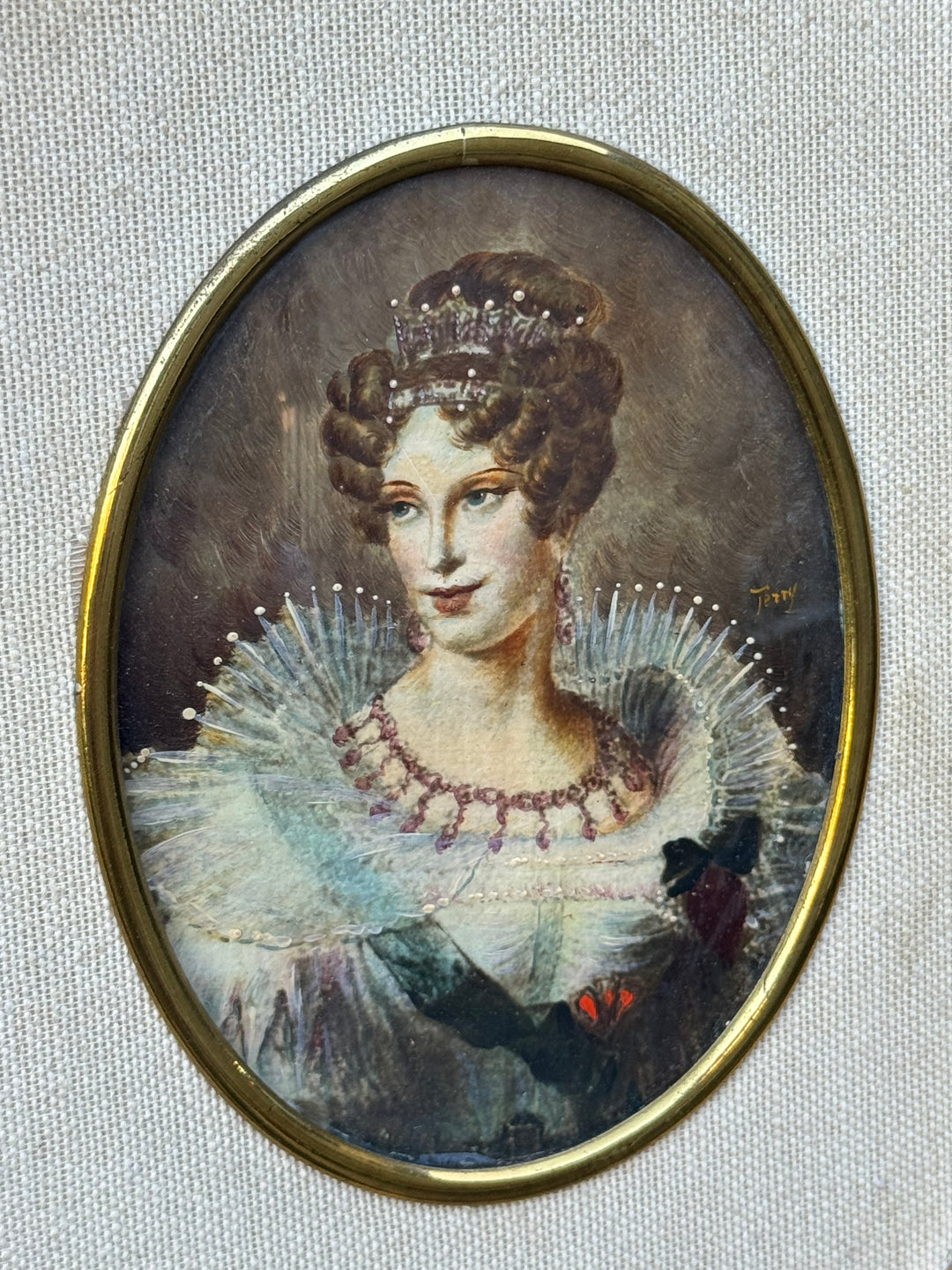 Miniatura femminile olio su lamierino con cornice dorata ovale