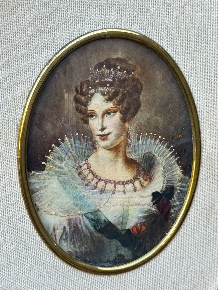 Miniatura femminile olio su lamierino con cornice dorata ovale