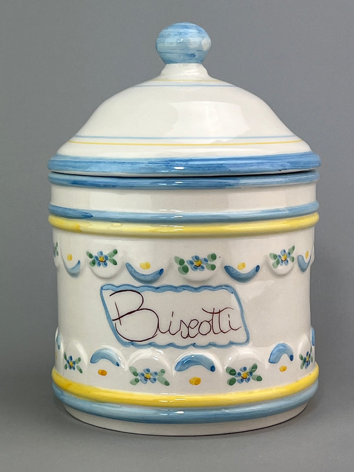 Barattolo portabiscotti in porcellana con decorazione blu e gialla