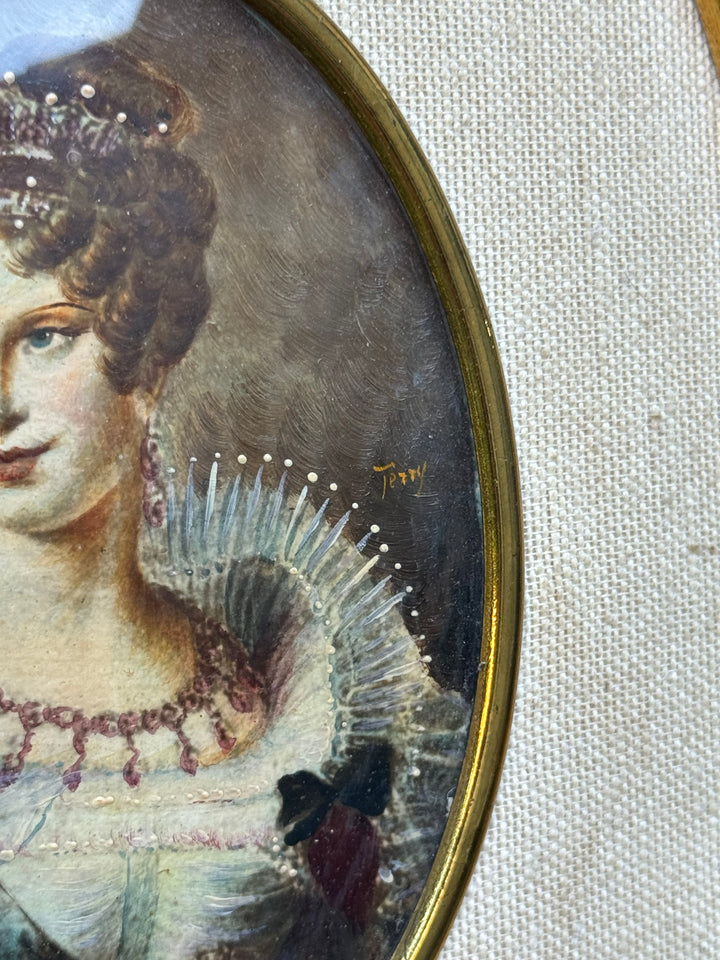 Miniatura femminile olio su lamierino con cornice dorata ovale
