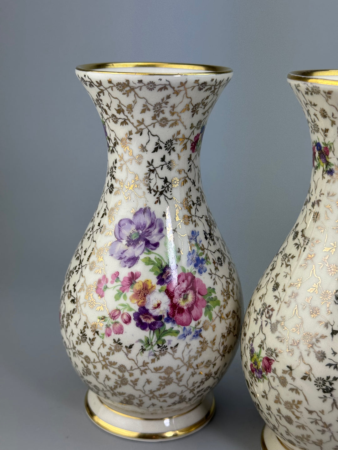 Coppia di vasi in porcellana Bavaria decorata con fiori e bordo dorato