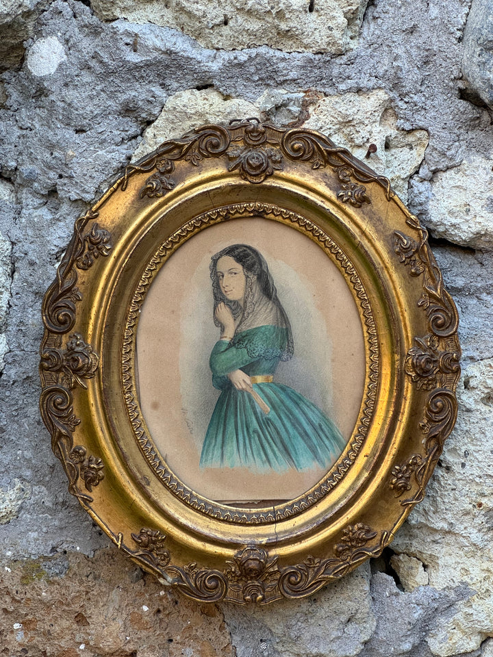 Ritratto Femminile antico ad acquerello e matita con cornice dorata